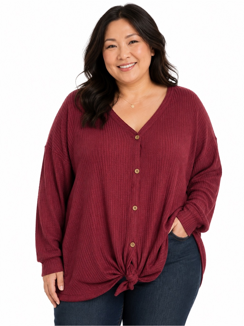 Olrik Waffle Knit Button Front Top – Women’s 4X – Burgundy Tie Front Long Sleeve